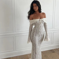 White Off Shoulder See-through Lace Up Maxi Dress Women Flared Long Sleeves Chest Wrapped Dresses Summer Elegant Seaside Gowns