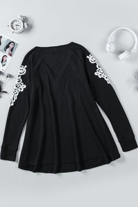 Zip V Neck Lace Patch Long Sleeve Tunic Top