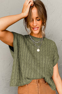 Jungle Green Crew Neck Cable Knit Short Sleeve Sweater