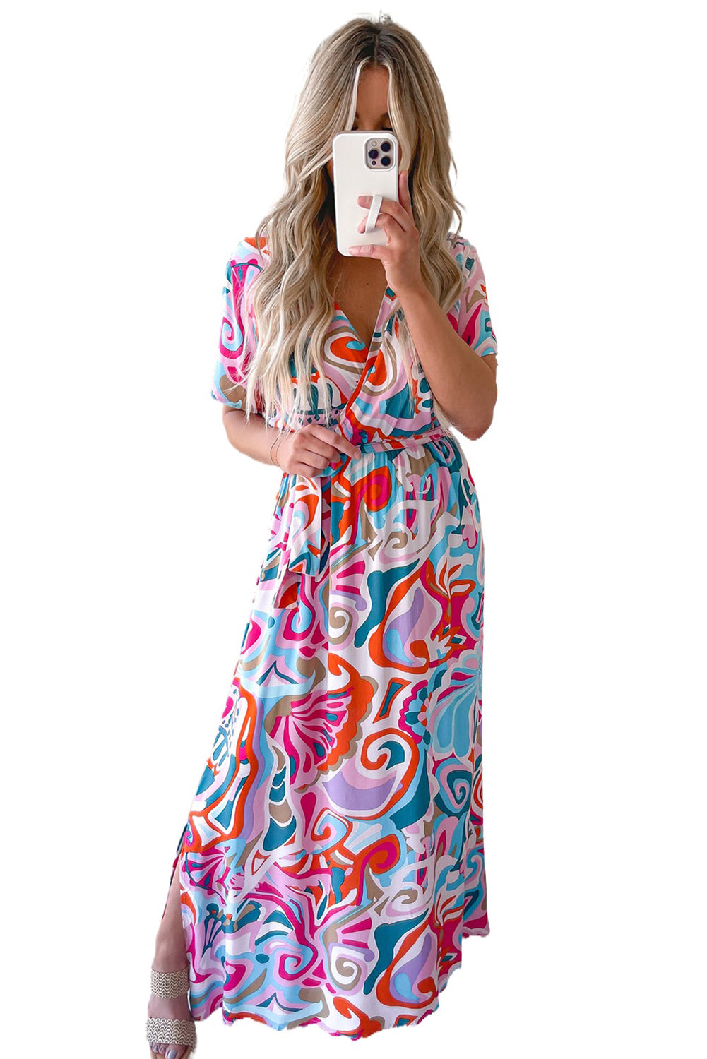 Women's Abstract Printed Wrap V Neck Belted Maxi Dress