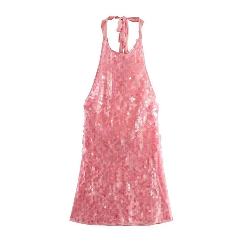 Sexy Sequins Halter Party Dress Women Pink Slim Lace Up Sleeveless Backless Mini Dresses 2024 Autumn Chic Evening Robes Lady