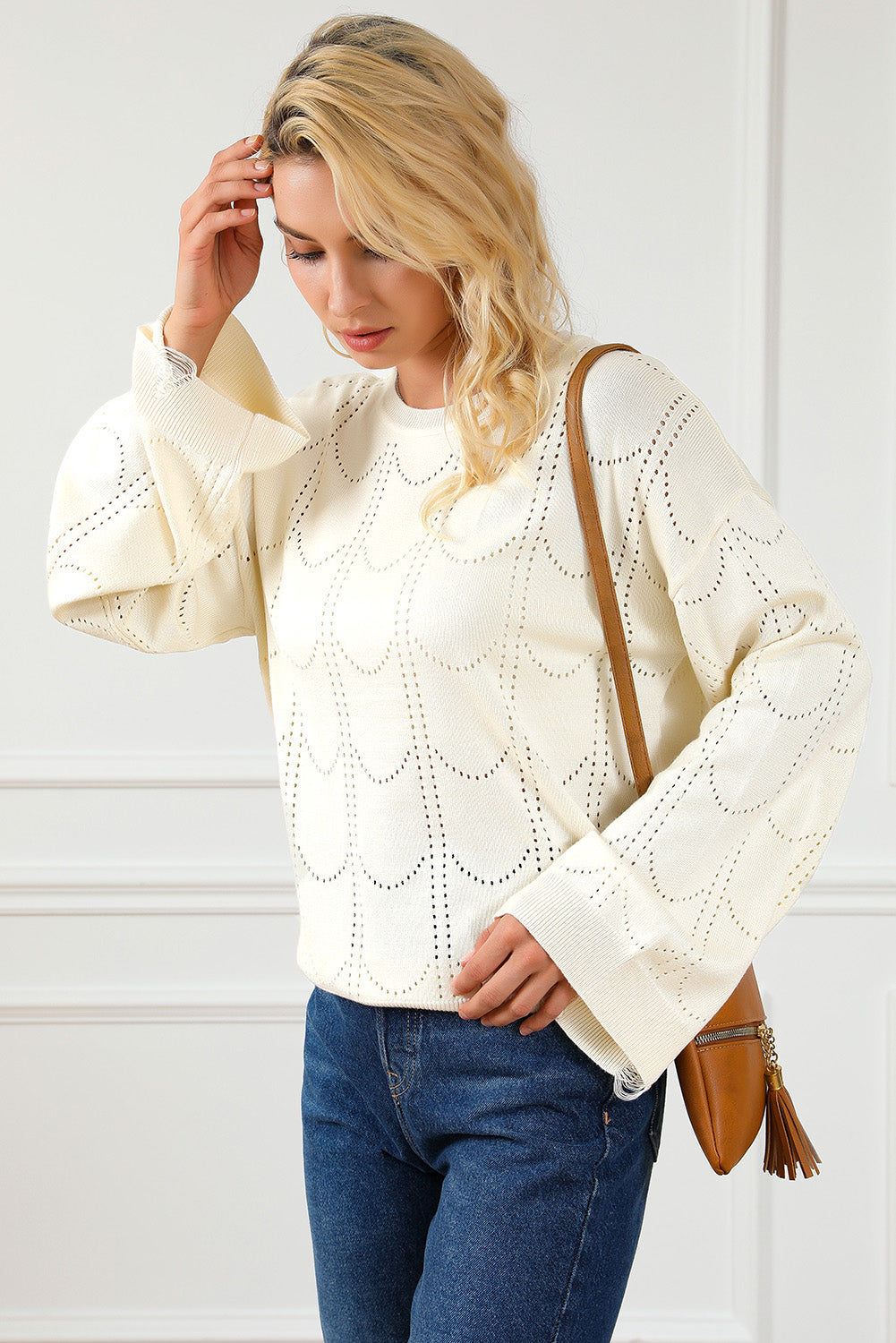 Beige Flare Sleeve Texture Knit Sweater