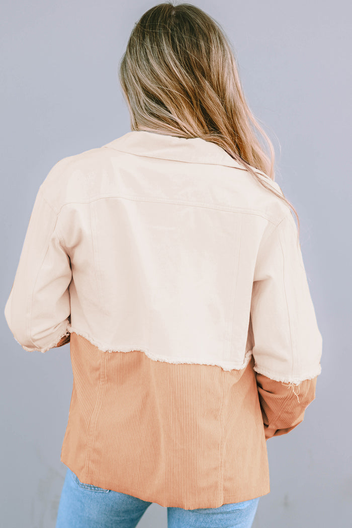 Khaki Two Toned Colorblock Cord Chambray Flap Pockets Jacket