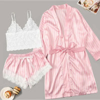 3Pcs/2Pcs Women Satin Ice Silk Pajama Set Heart Print Lace Sleeping Skirt Seamless Lingerie Homewear Pajama Shorts Set Sleepwear