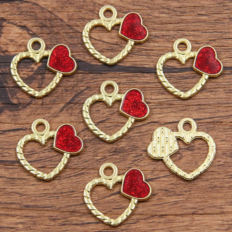 10Pcs 21 Style Mix Size Alloy Metal Drop Oil Valentine's Day Charm LOVE Heart Pendant For Enamel DIY Bracelet Jewelry Making