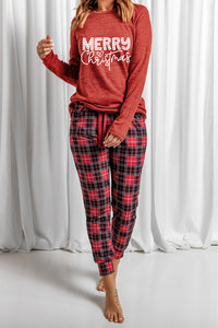 Fiery Red MERRY Christmas Graphic Top Plaid Pants Set