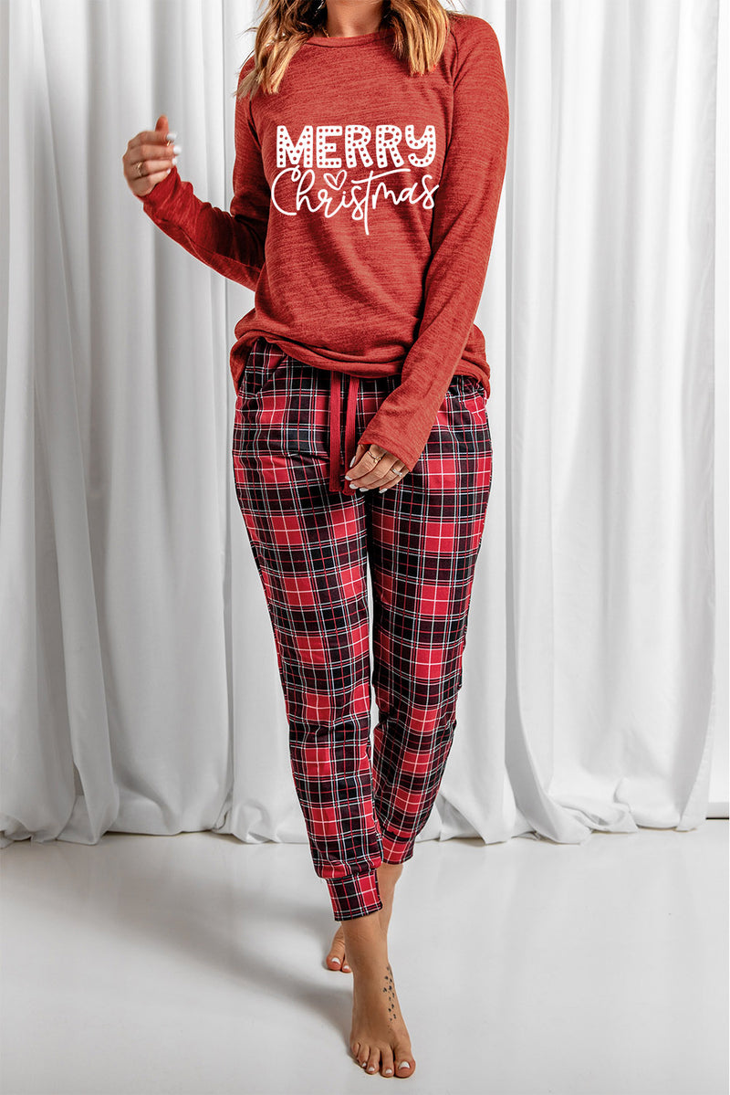 Fiery Red MERRY Christmas Graphic Top Plaid Pants Set