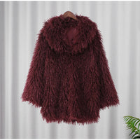 Red Smooth Hooded Fluffy Faux Fur Women Fasion Turn-down Collar Jacket Coat Winter Warm  Casual Commute High Street Outerwear