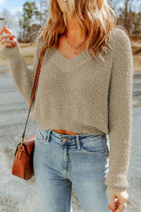 White Cropped V Neck Fuzzy Sweater