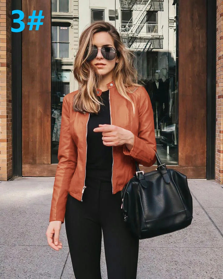 2024 European And American Autumn And Winter Women's Solid Color Simulated Leather Jacket PU Fashion Leather Jacket For Women