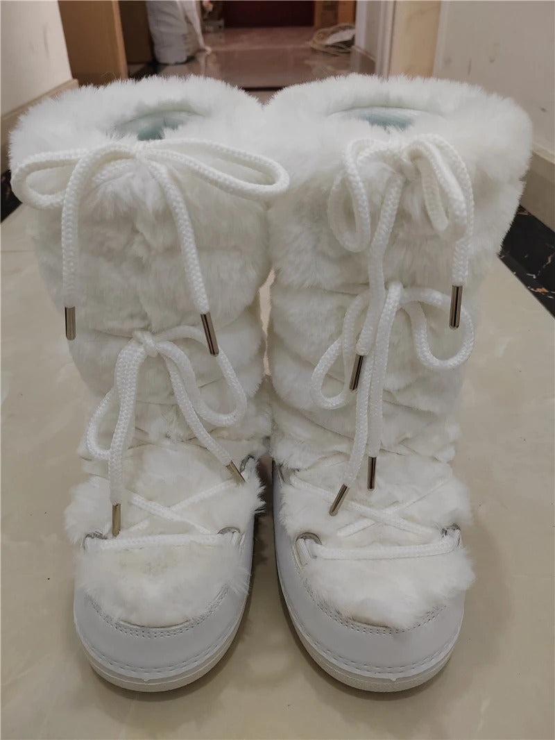 Fluffy Fur Boots 2024 Winter Fashion Sexy Faux Fox Fur Snow Boots Ladies Furry Warm Cotton Boots Female Outdoor Ski Boots