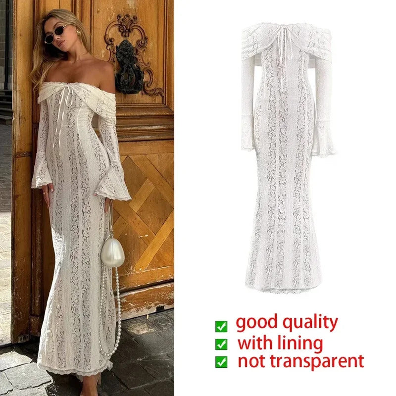 Suninheart White Off The Shoulder Bodycon Dress 2024 New in Flare Sleeve Elegant Lace Maxi Dress Wedding Guest Dress for Women