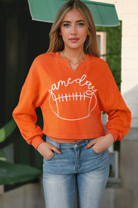 Orange Game Day Lettering Rugby Notched Neck Sweatshirt