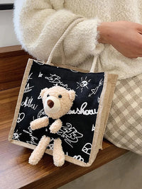 Cute Bear Tote Bag Canvas Girls Bag Student Coin Purse Gift Bag Simple Fashion Canvas Bag Canvas Bag Hand Shopping Tote Bag-ll