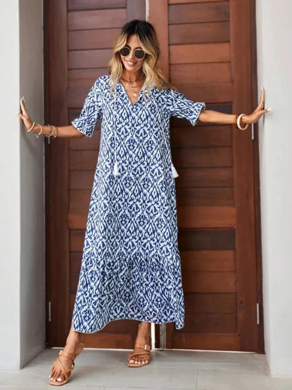 Women's Summer Chiffon V Neck Short Sleeve Floral Flowy A Line Maxi Dress Boho Flounce Tiered Swing Long Beach Dresses