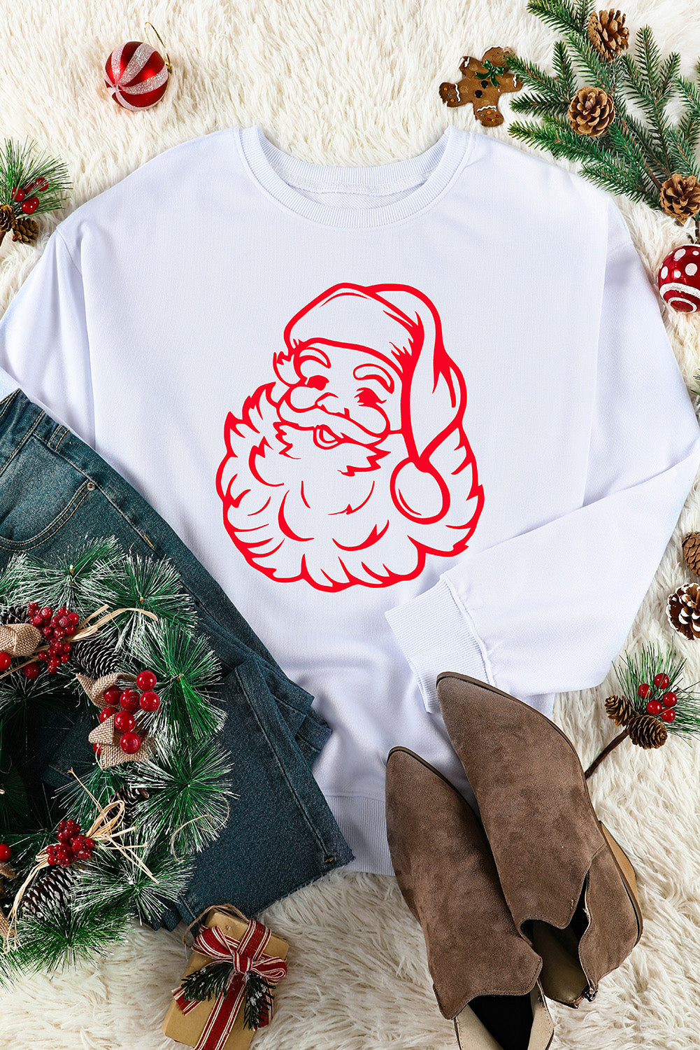 White Christmas Santa Claus Print Round Neck Sweatshirt