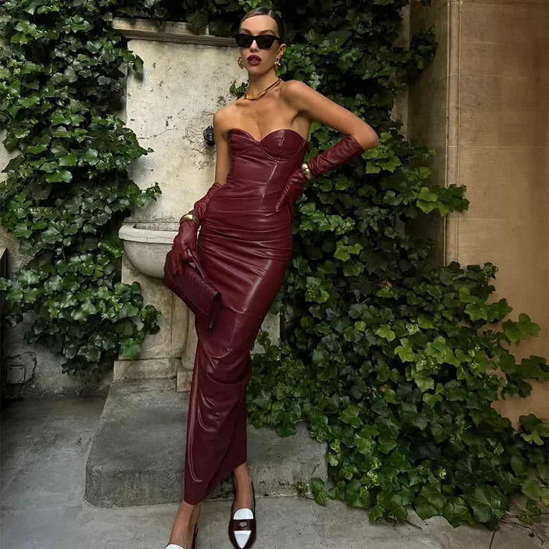 Fashion Pleated Leather Wrapped Chest Long Dress Women Sexy Sleeveless High Waist Robes 2024 New Autumn Lady Evening Party Wear