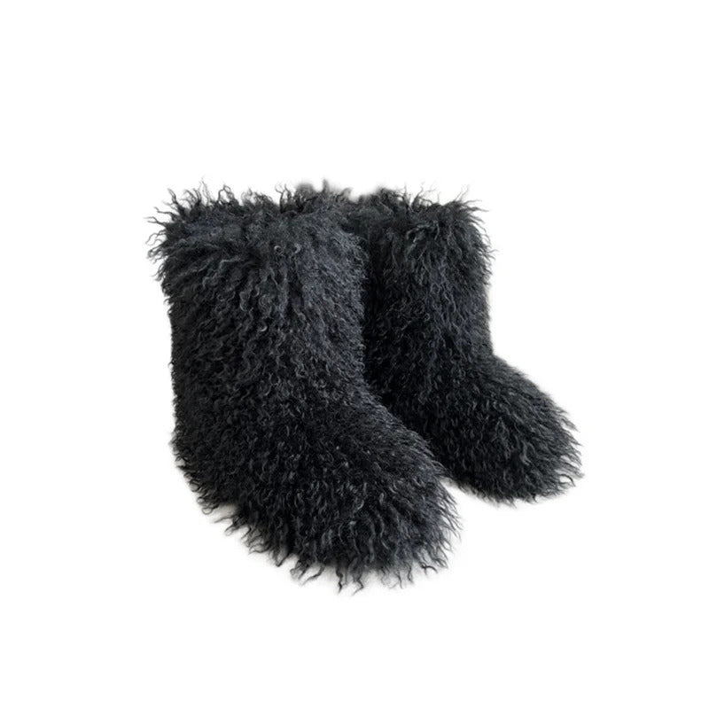 New Winter Fur Onepiece Raccoon Fur Female Snow Boots Fur Shoes Outdoor Mid Leg Boots