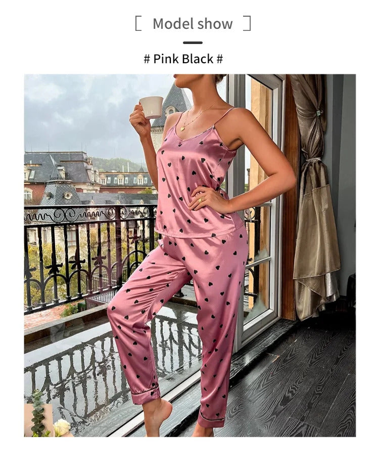 Women Satin Silk Pajamas Sets Letter Print Cami Vest Shirt With Trouser Sleepwear Ladie Sexy Pajama Lingerie Pyjamas Nightwear