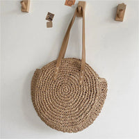 Summer Round Straw Women Vacation Woven Beach Shoulder Bag Large Capacity Hollow Out Simple Tote Bag