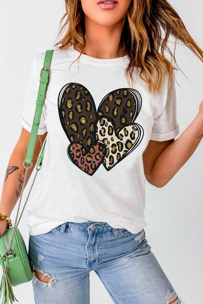 White Leopard Heart Shaped Print Graphic Tee