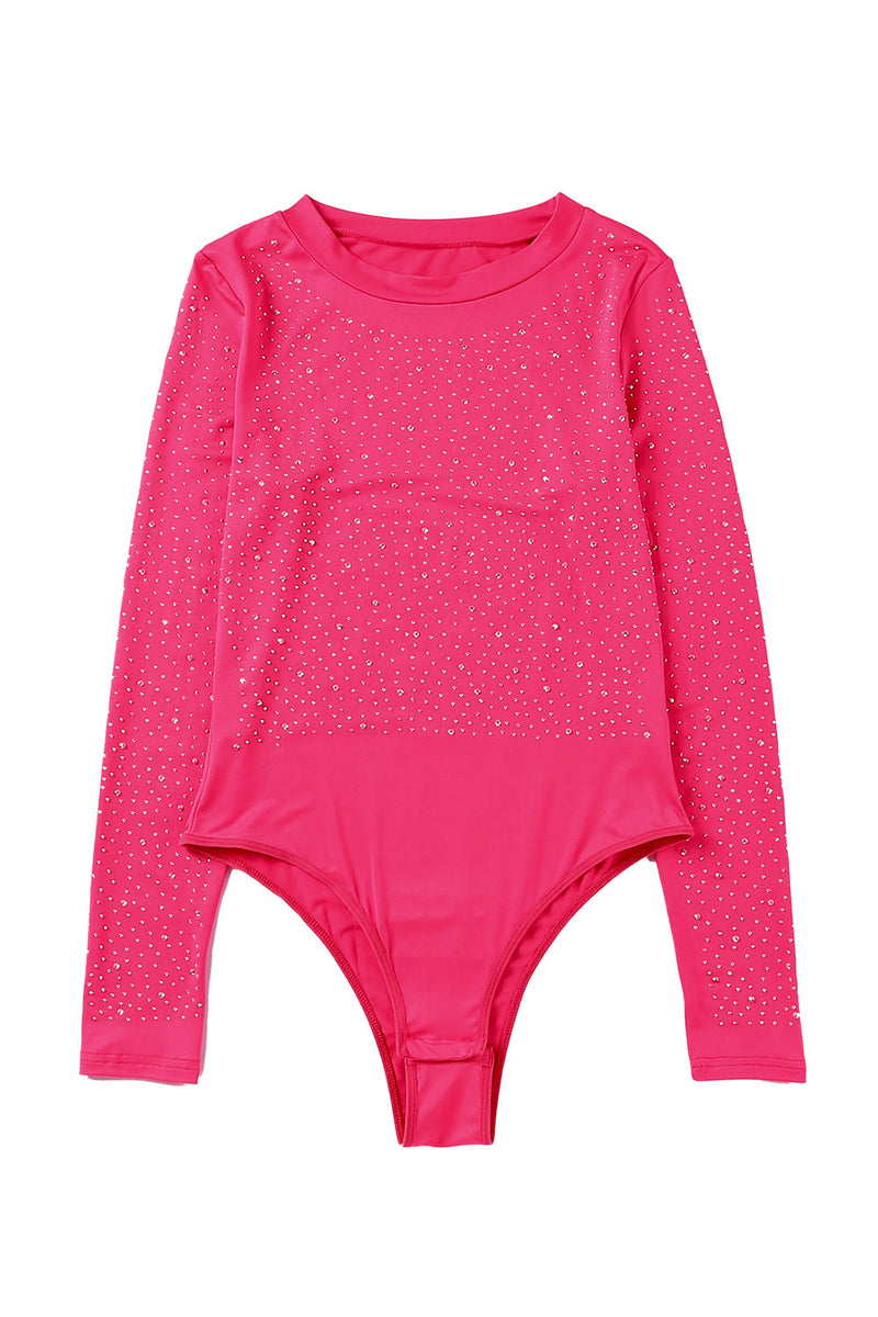 Rose Rhinestone O-neck Long Sleeve Bodysuit