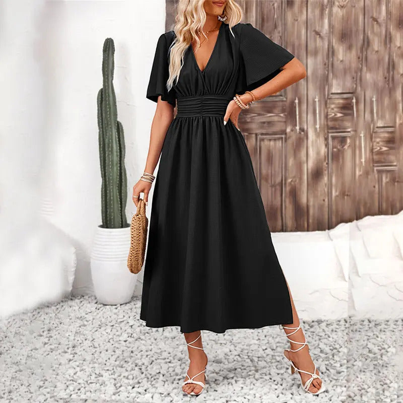 Y.KUKU New Women Dress Long Fashion Vacation Party Dresses Short Sleeve V-neck Slit Solid High Quality Vestidos Femme 2024