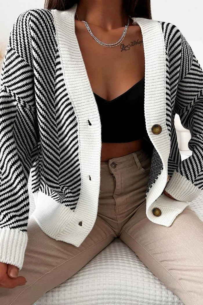 Black Zig Zag Stripe Buttoned Sweater Cardigan