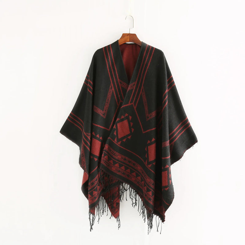 Cloak Poncho Capes 2024 New Indian Nepalese Style Geometric Tassel Split Women Shawl Warm Air Conditioning Room Lady Blue