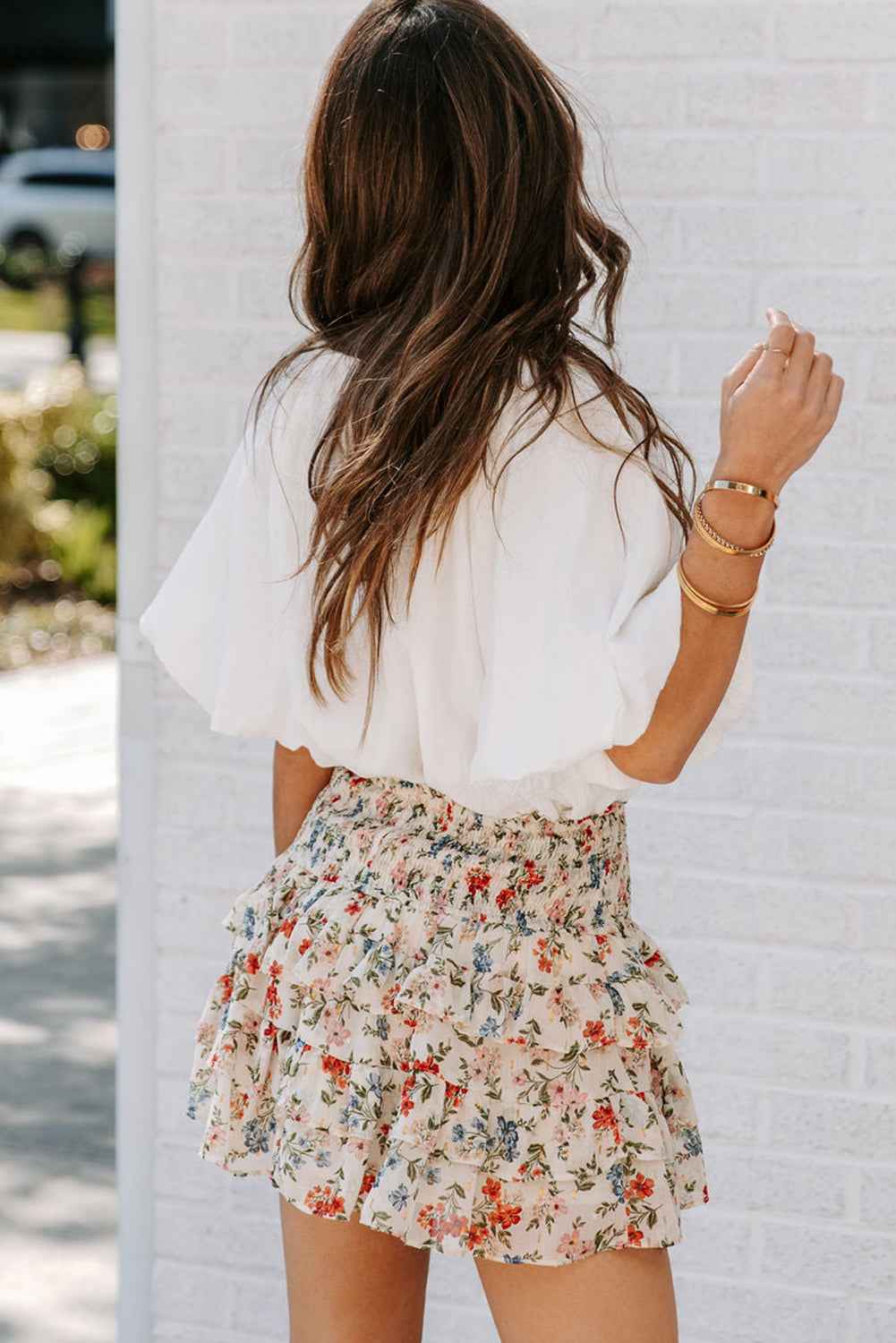 Beige Smocked High Waist Ruffle Tiered Floral Skirt