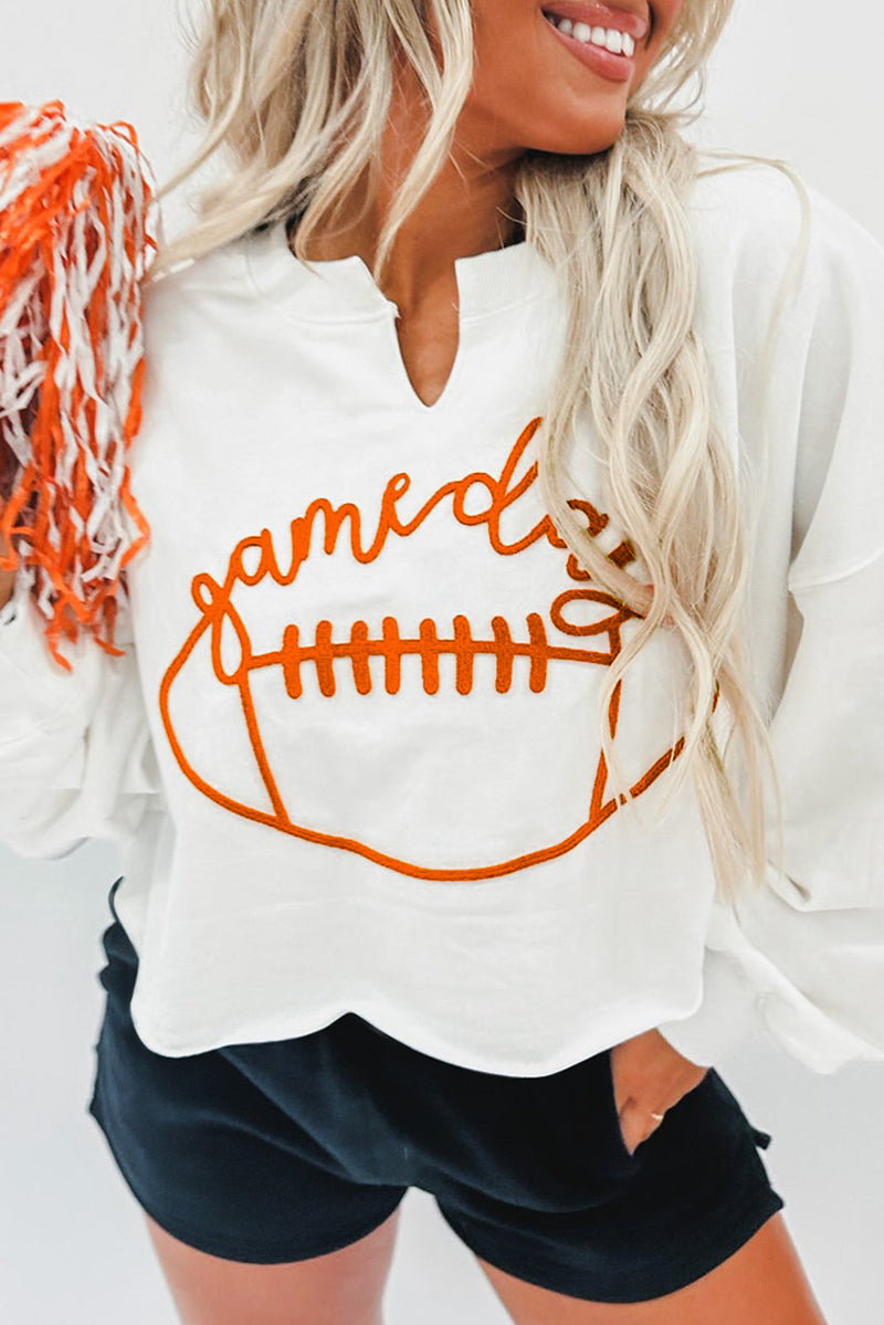 Bright White Game Day Lettering Rugby Notched Neck Sweatshirt