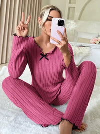 Women Autumn Winter Sleepwear Ribbed Pajamas Set Long Sleeve Top and Long Pants 2 Piece Set Casual Homewear Loungewear