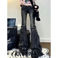 American Style Retro High Street Ruffled Denim Jeans for Women in Autumn Low Waisted High Elastic Slimming Wide Leg Mop Pants