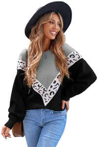 Black Colorblock Chevron Leopard Pullover Sweater