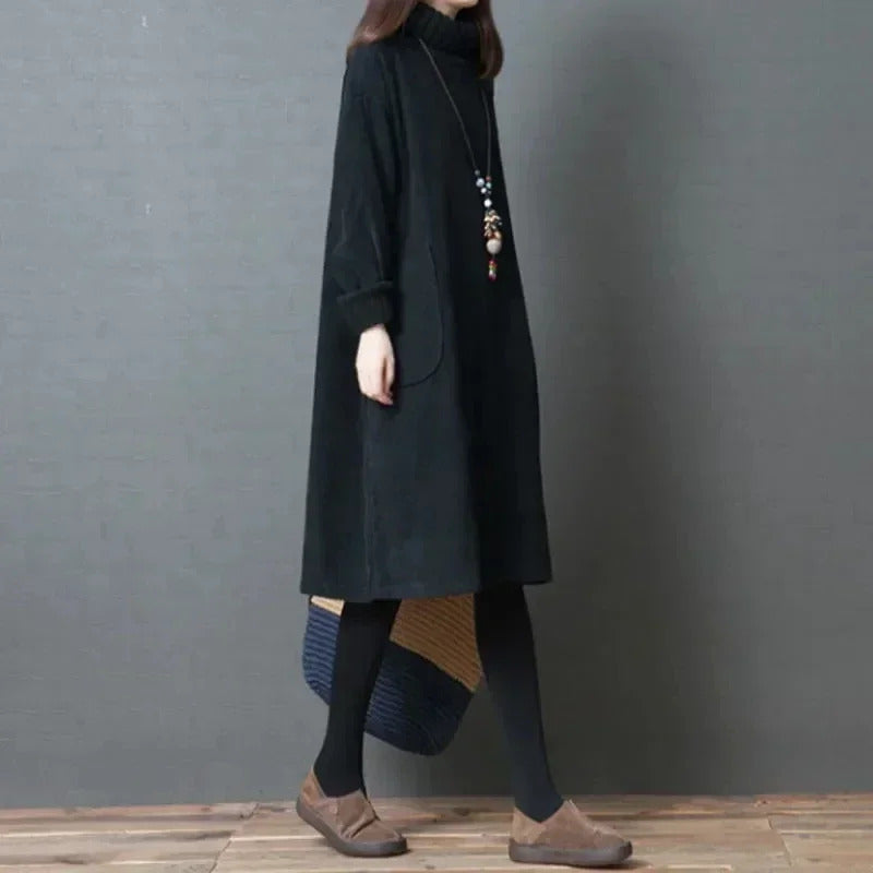 Women Autumn Winter Dress New Retro Corduroy Vestidos Add  Velvet High Neck Dress Mid-Length Loose Pullover Sweater Female 2022