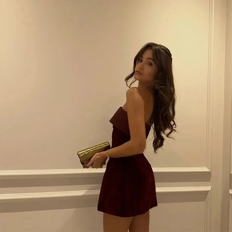 Elegant Burgundy Sleeveless Slash Neck Mini Dress Sexy Slim Backless A Line Dresses 2024 Evening Christmas New Year Party Skirt