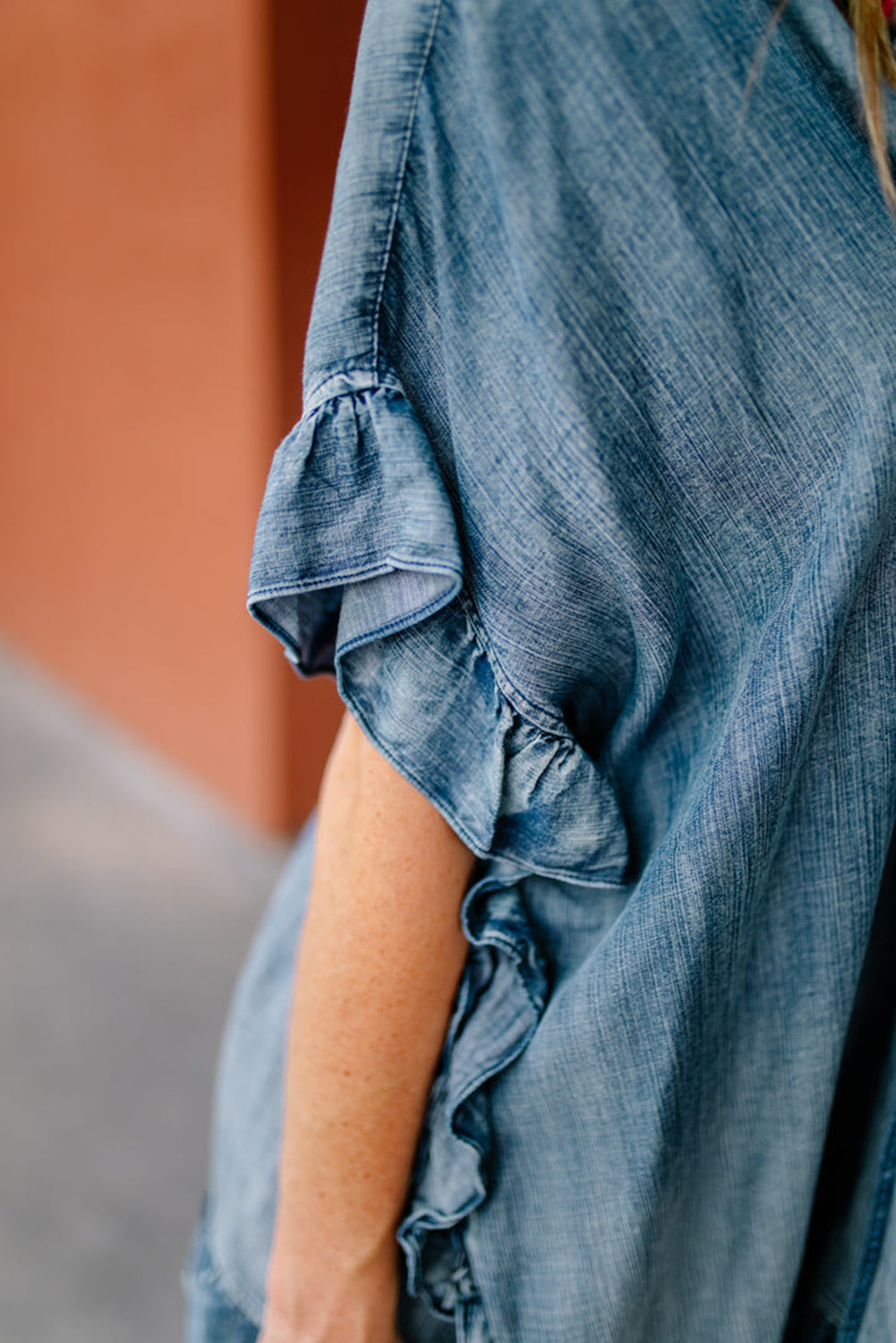 Dusk Blue Chambray Ruffle Hem Half Sleeve Open Loose Kimono