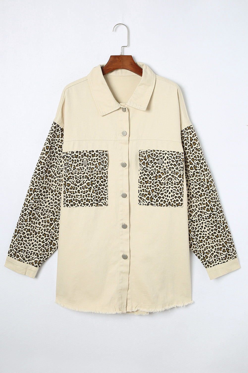 Apricot Plus Size Leopard Sleeve Raw Hem Denim Jacket