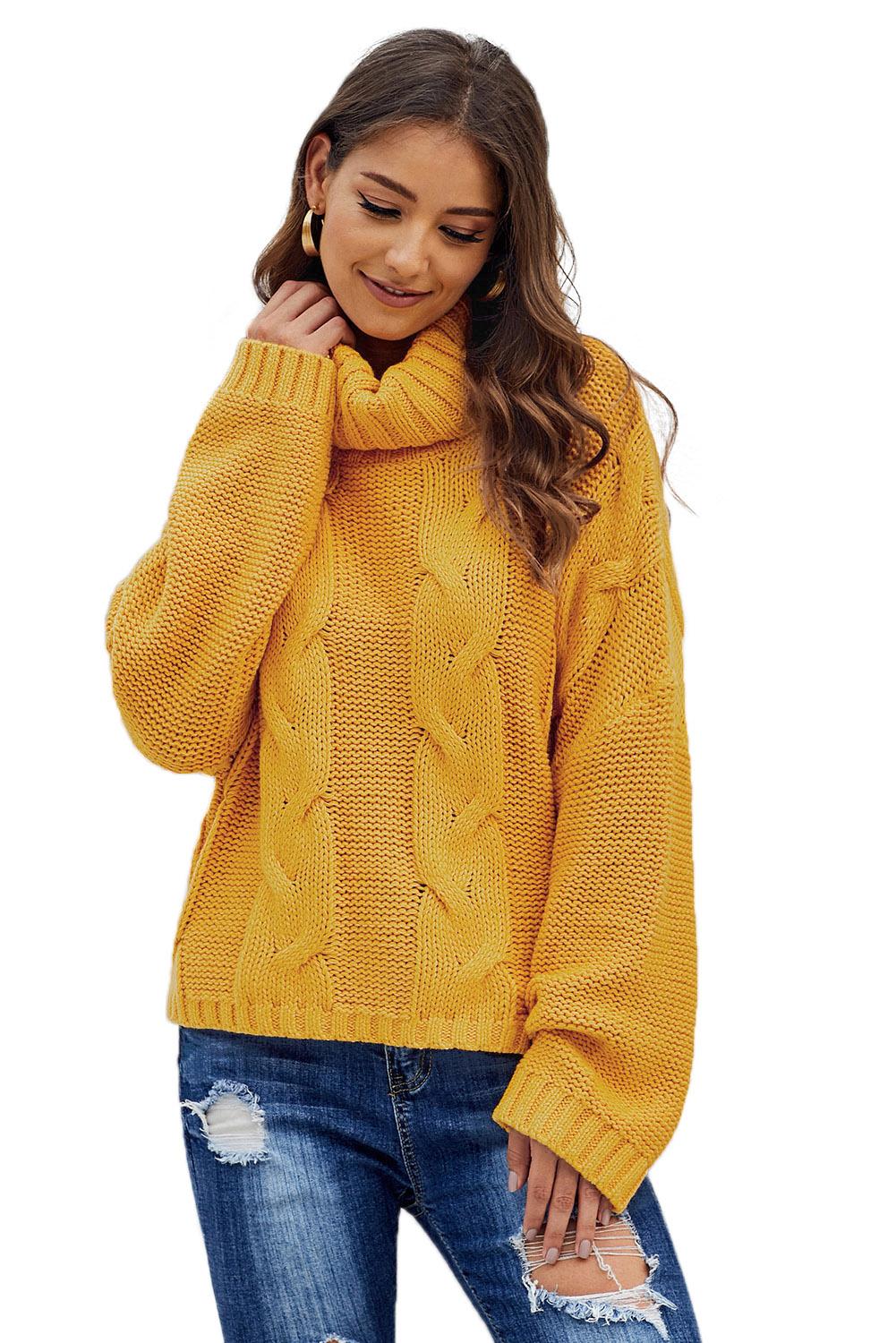 Yellow Cuddle Weather Cable Knit Handmade Turtleneck Sweater