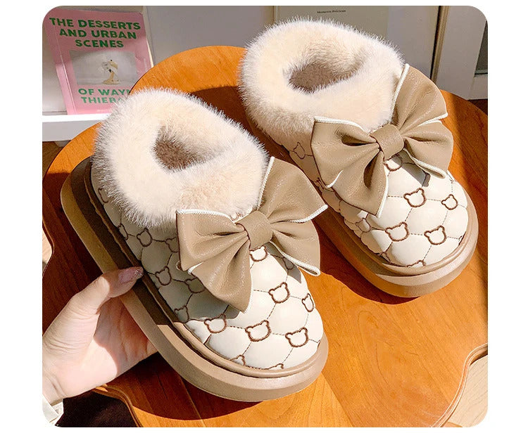 Platform Ankle Boots Female Bowknot Designer Winter Snow Booties Indoor Fluffy Slippers Women House Flats Fashion Footwear Warm