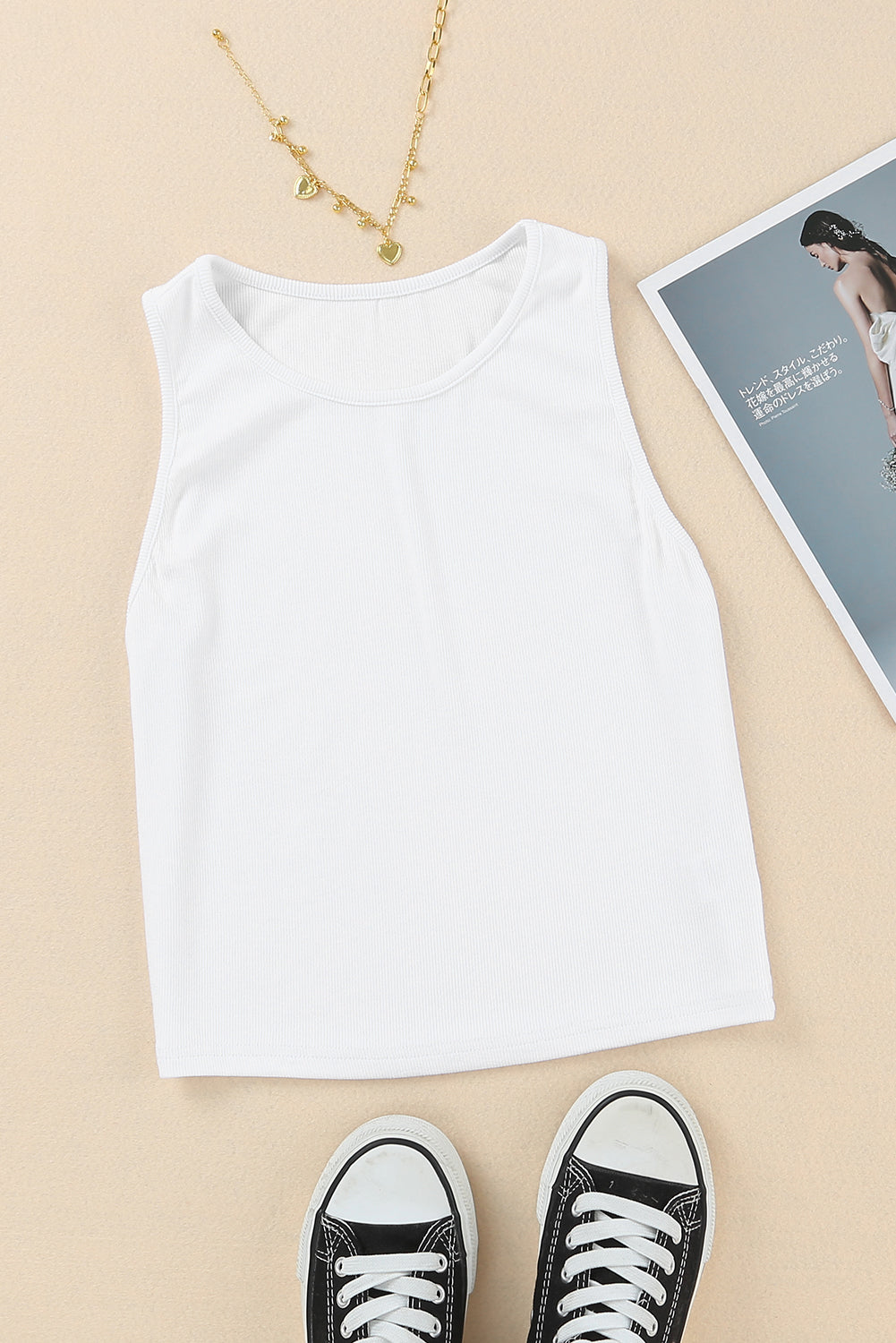 White Rib Knit Crew Neck Sleeveless Crop Top