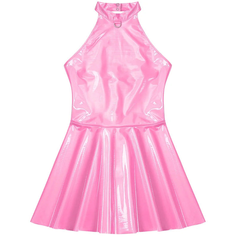 Womens Latex Swing Skirt Disco Dress Glossy Patent Leather Clubwear Halter Sleeveless Skater Mini Dress Rave Party Clubwear