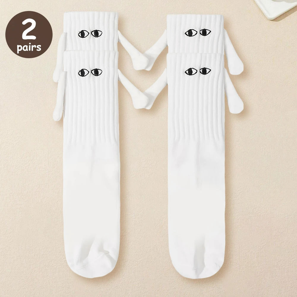 2/4/6/10 Pairs Magnetic Socks With Hands Women Men Fashion Black White Funny Cute Cartoon Eyes Couple Mid Tube Socks For Gifts