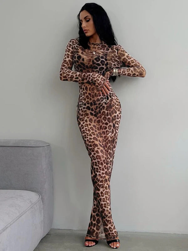 Hugcitar 2024 Leopard Print Mesh Long Sleeve Sexy Slim  See Through Maxi Dress Fall Women Fashion Outfits Beach Vacation Club