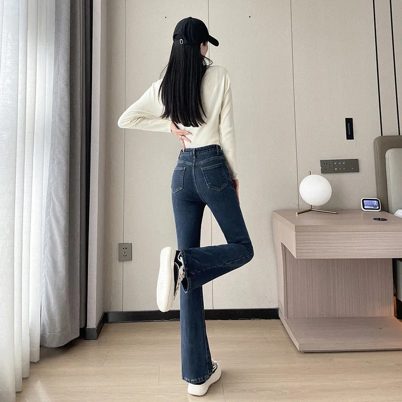 2023 Fashion New Women Warm Plush Flared Jeans Thermal Fleece Loose Denim Pants Female High Waist Urban Straight Flare Trouser