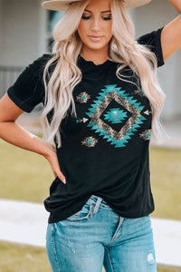 Black Western Aztec Printed Crewneck Graphic Tee