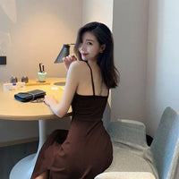 Halter black dress sexy V-neck base retro long side slit black sleeveless dress for women