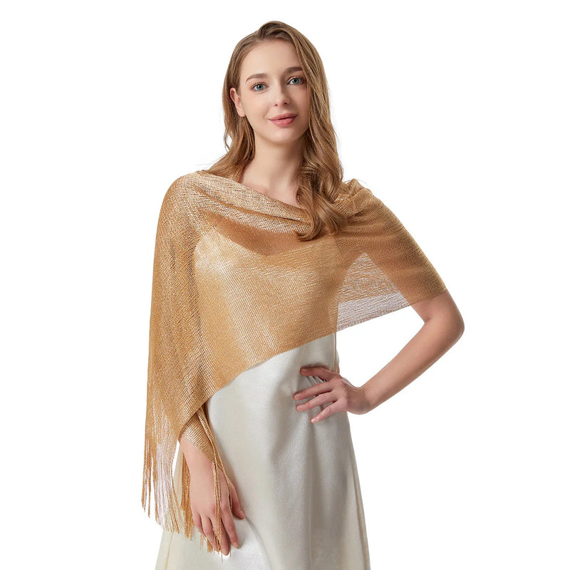 Fashion Bright Silk Sunscreen Shawl Hijab Gold Silver Shiny Scarves For Women Lace Tassel Party Evening Dress Scarf