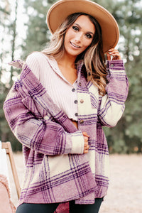 Plaid Double Chest Pockets Fleece Shacket