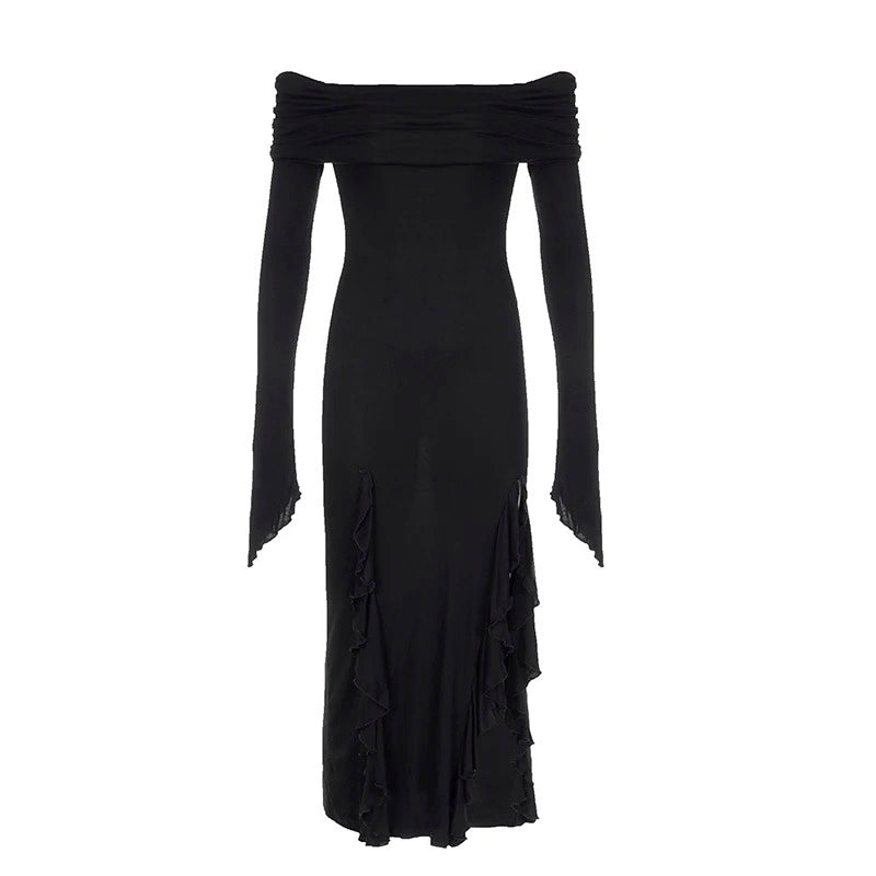 Rockmore Black Slash Neck Party Dresses Elegant Fashion Ruffled Side Slit Slim Long Dress Off Shoulder Women Vacation vestidos